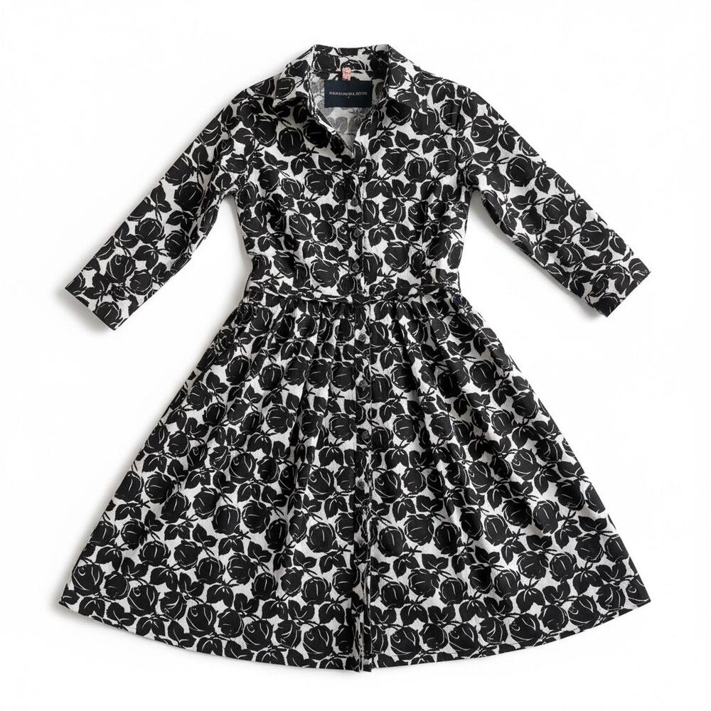 Samantha Sung Audrey Floral Shirt Dress Black White Cotton Fit Flare Sz 2